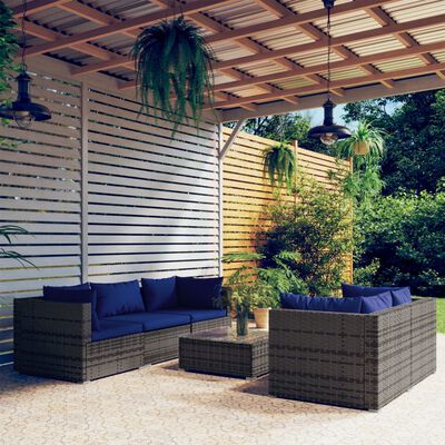 vidaXL 6 Piece Garden Lounge Set with Cushions Poly Rattan Grey, grey and dark blue vidaXL 6 Piece Garden Lounge Set with Cushions Poly Rattan Grey