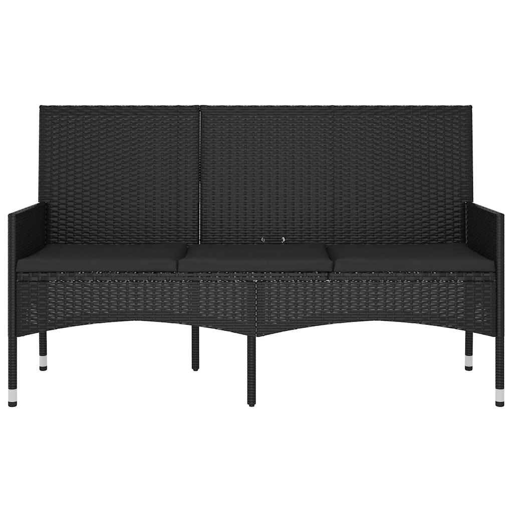 vidaXL 3-Seater Garden Bench with Cushions Black Poly Rattan