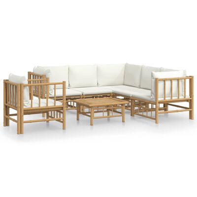 vidaXL 7 Piece Garden Lounge Set with Cream White Cushions Bamboo,  vidaXL 7 Piece Garden Lounge Set with Cream White Cushions Bamboo