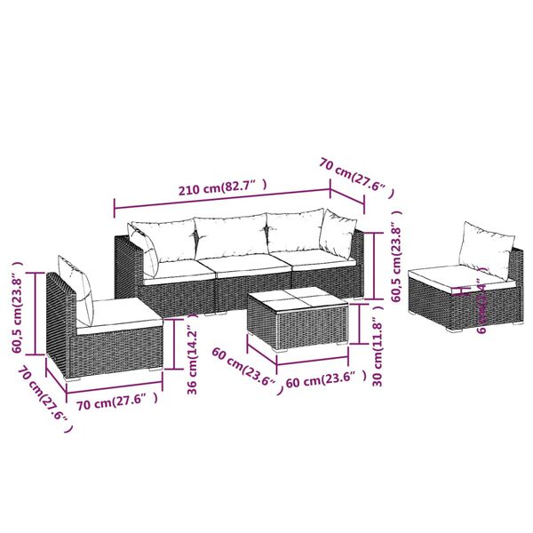 vidaXL 6 Piece Garden Lounge Set with Cushions Poly Rattan Black