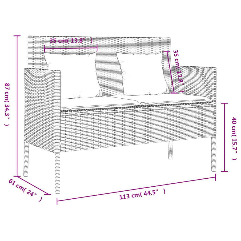 vidaXL Garden Bench with Cushions Black Poly Rattan