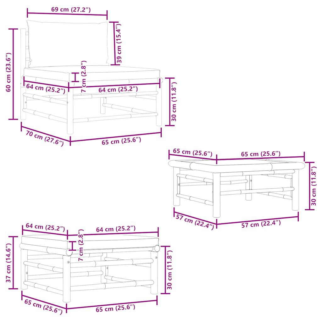 vidaXL 3 Piece Garden Lounge Set with Cream White Cushions Bamboo