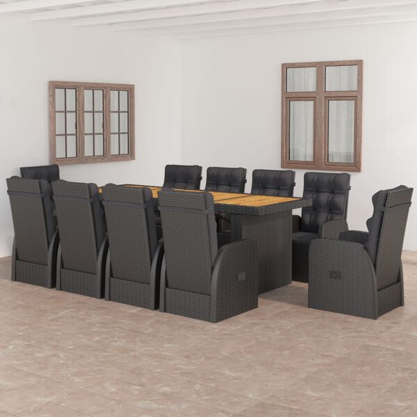 vidaXL 11 Piece Outdoor Dining Set with Cushions Poly Rattan Black