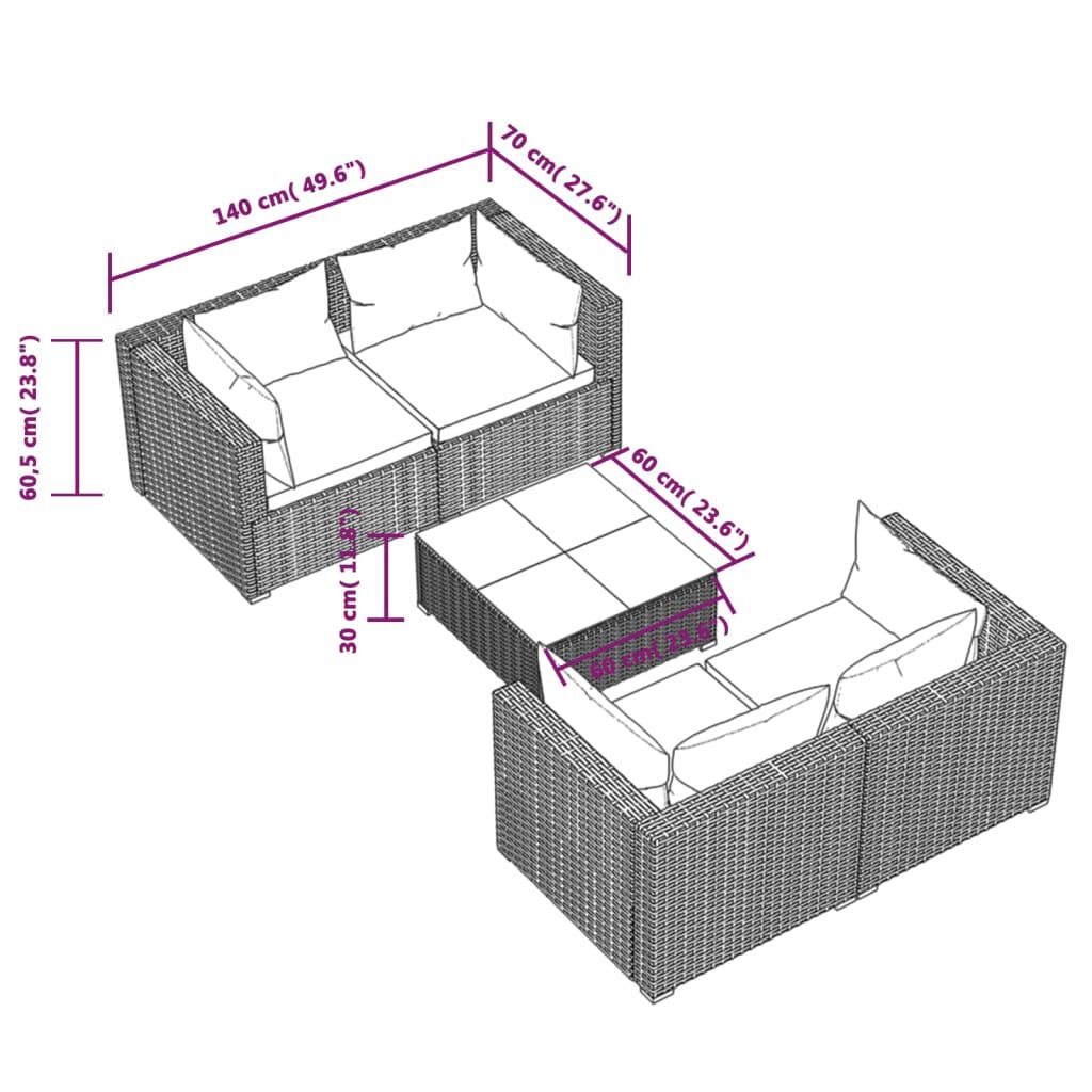 vidaXL 5 Piece Garden Lounge Set with Cushions Poly Rattan Black