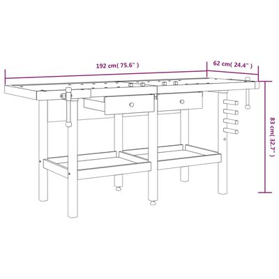 vidaXL Workbench with Drawers and Vices 192x62x83 cm Solid Wood Acacia,  vidaXL Workbench with Drawers and Vices 192x62x83 cm Solid Wood Acacia