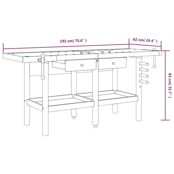 vidaXL Workbench with Drawers and Vices 192x62x83 cm Solid Wood Acacia