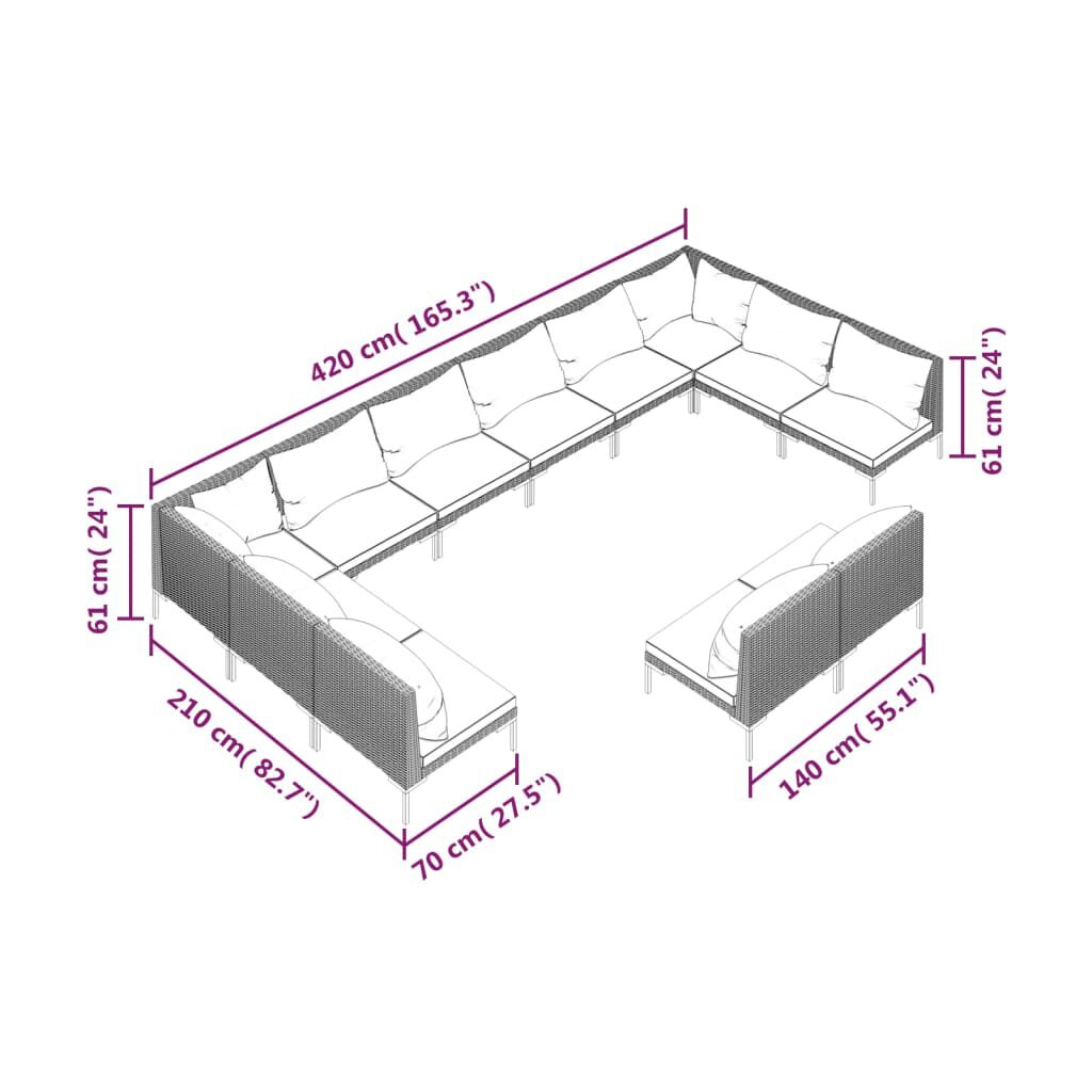 vidaXL 12 Piece Garden Lounge Set with Cushions Poly Rattan Dark Grey