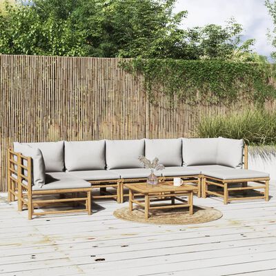 vidaXL 8 Piece Garden Lounge Set with Light Grey Cushions Bamboo,  vidaXL 8 Piece Garden Lounge Set with Light Grey Cushions Bamboo