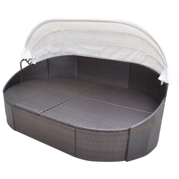 vidaXL Outdoor Lounge Bed with Canopy Poly Rattan Brown