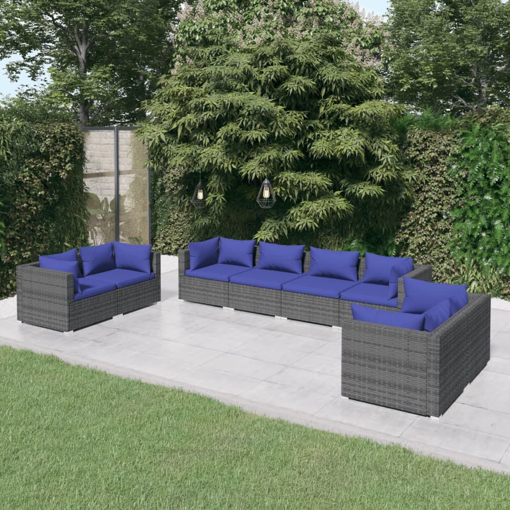 vidaXL 8 Piece Garden Lounge Set with Cushions Poly Rattan Grey