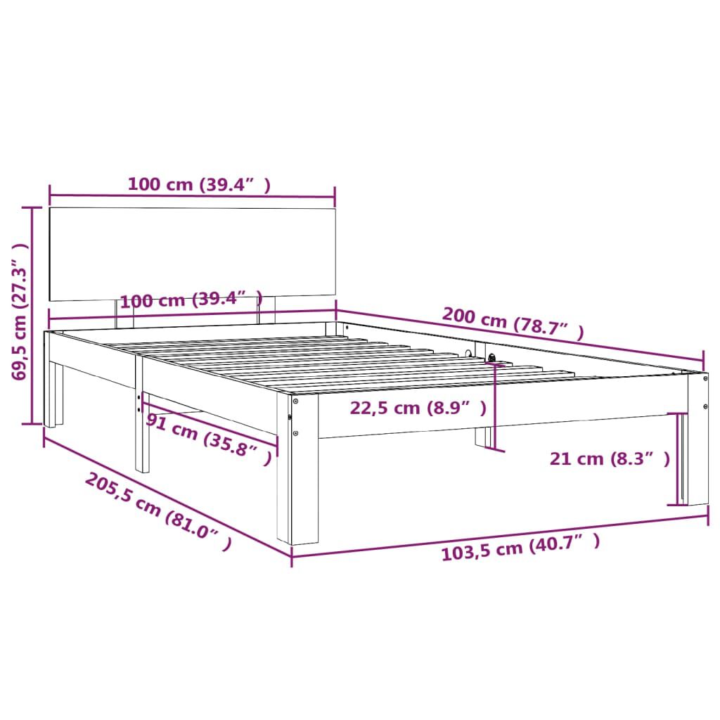 vidaXL Bed Frame without Mattress Grey Solid Wood Pine 100x200cm
