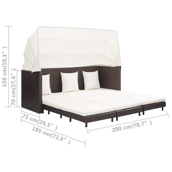 vidaXL Extendable 3-Seater Sofa Bed with Roof Poly Rattan Brown