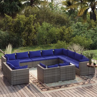 vidaXL 12 Piece Garden Lounge Set with Cushions Grey Poly Rattan, grey and dark blue vidaXL 12 Piece Garden Lounge Set with Cushions Grey Poly Rattan