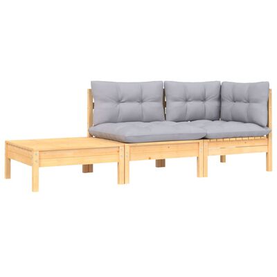vidaXL 3 Piece Garden Lounge Set with Grey Cushions Solid Pinewood, brown and grey vidaXL 3 Piece Garden Lounge Set with Grey Cushions Solid Pinewood