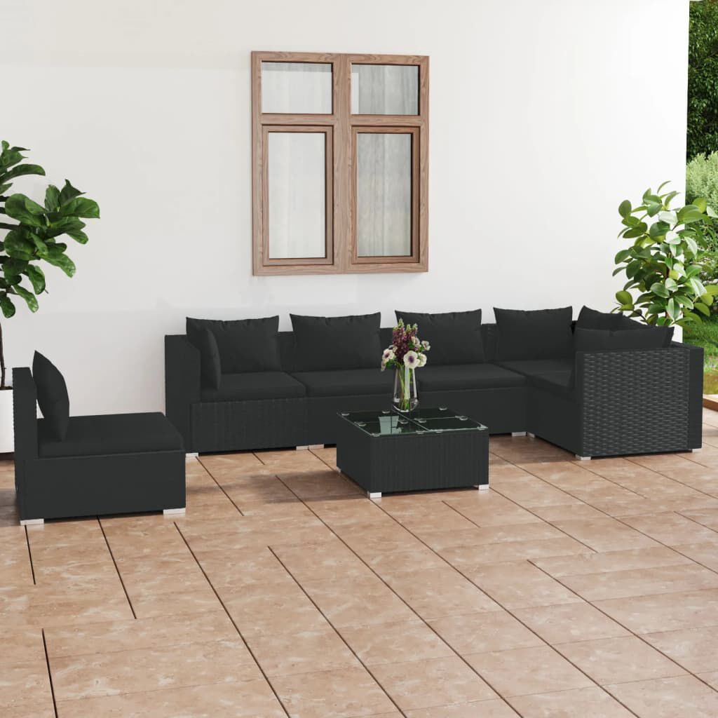 vidaXL 7 Piece Garden Lounge Set with Cushions Poly Rattan Black