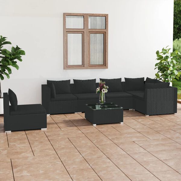 vidaXL 7 Piece Garden Lounge Set with Cushions Poly Rattan Black