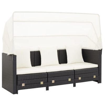 vidaXL Extendable 3-Seater Sofa Bed with Roof Poly Rattan Black, black vidaXL Extendable 3-Seater Sofa Bed with Roof Poly Rattan Black