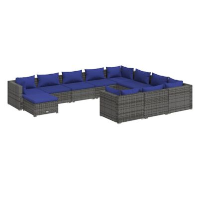 vidaXL 11 Piece Garden Lounge Set with Cushions Poly Rattan Grey, grey and blue vidaXL 11 Piece Garden Lounge Set with Cushions Poly Rattan Grey