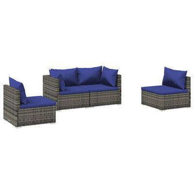 vidaXL 4 Piece Garden Lounge Set with Cushions Poly Rattan Grey, grey and dark blue vidaXL 4 Piece Garden Lounge Set with Cushions Poly Rattan Grey