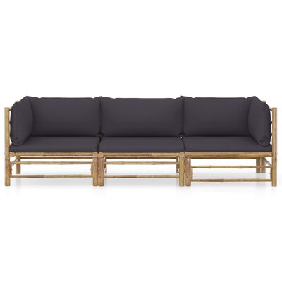 vidaXL 3 Piece Garden Lounge Set with Dark Grey Cushions Bamboo, dark grey vidaXL 3 Piece Garden Lounge Set with Dark Grey Cushions Bamboo