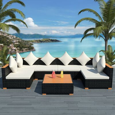 vidaXL 7 Piece Garden Lounge Set with Cushions Poly Rattan Black,  vidaXL 7 Piece Garden Lounge Set with Cushions Poly Rattan Black