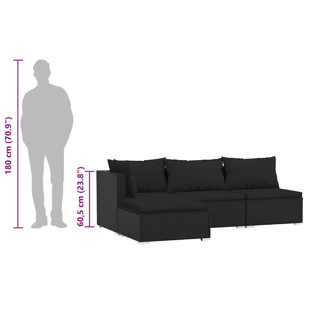 vidaXL 4 Piece Garden Lounge Set with Cushions Black Poly Rattan