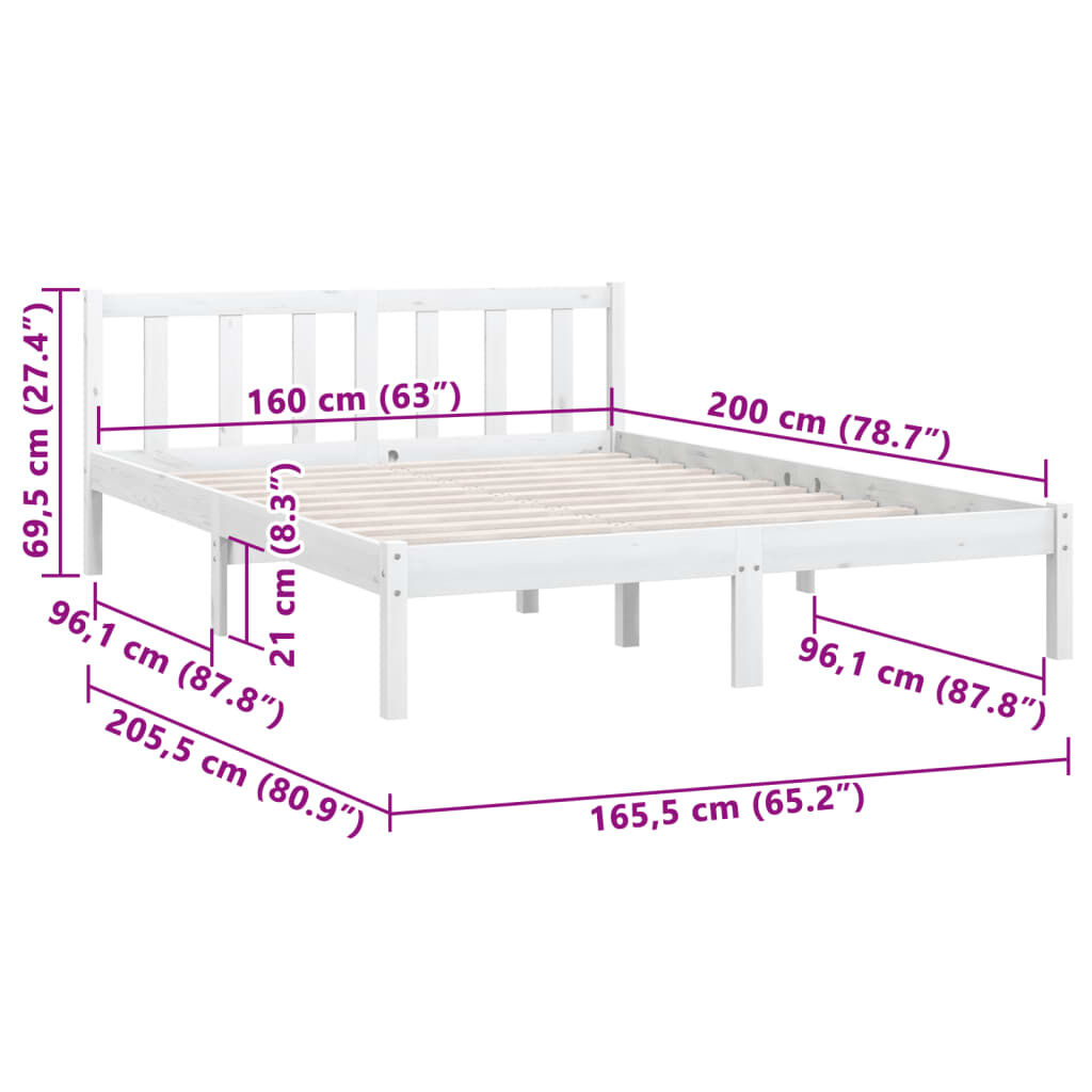 vidaXL Bed Frame without Mattress White Solid Wood 160x200 cm