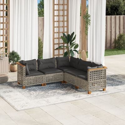 vidaXL 5 Piece Garden Sofa Set with Cushions Grey Poly Rattan, grey vidaXL 5 Piece Garden Sofa Set with Cushions Grey Poly Rattan