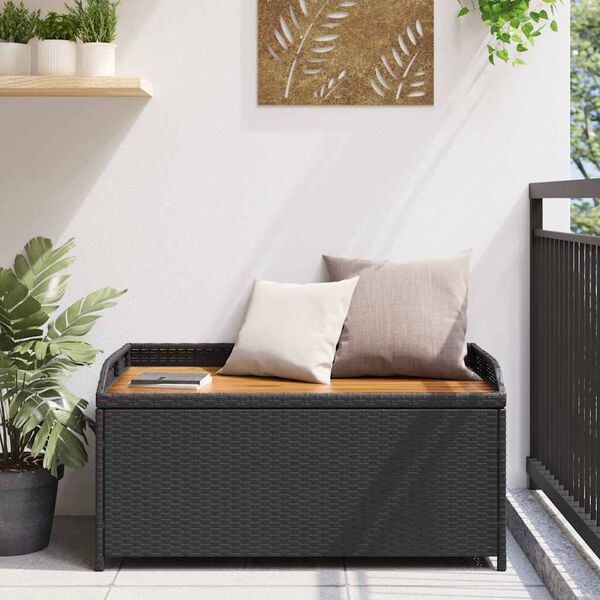 vidaXL Storage Bench Black 100x50x52 cm Poly Rattan and Acacia Wood