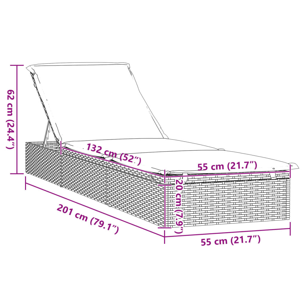 vidaXL Sunbed with Cushion Black 201x55x62 cm Poly Rattan