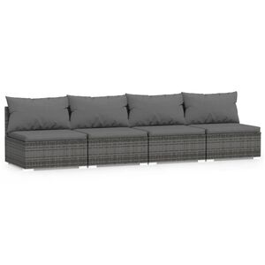 vidaXL 4-Seater Sofa with Cushions Grey Poly Rattan