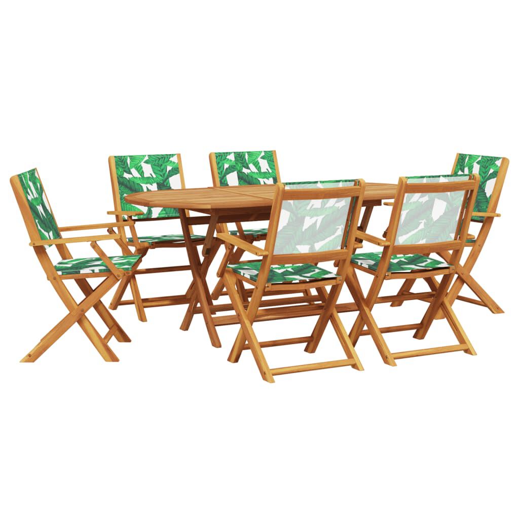 vidaXL 7 Piece Garden Dining Set Leaf Pattern Fabric and Solid Wood
