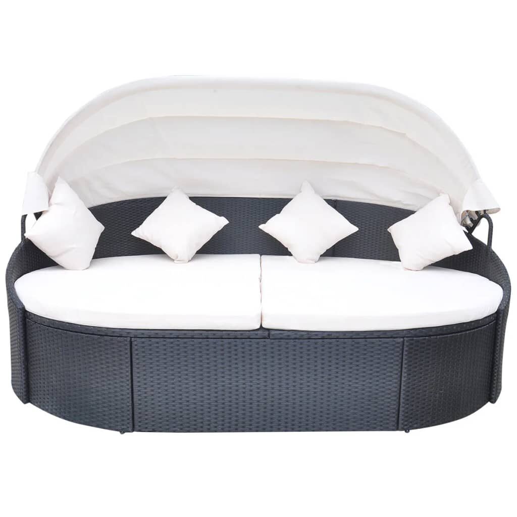 vidaXL Outdoor Lounge Bed with Canopy Poly Rattan Black