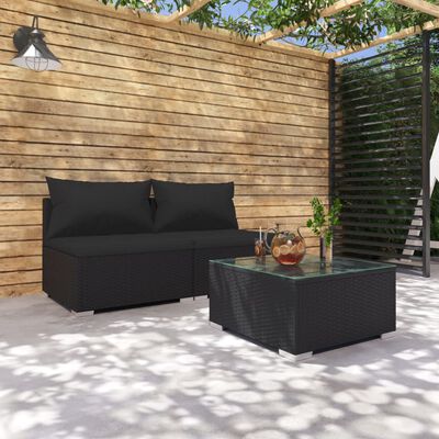 vidaXL 3 Piece Garden Lounge Set with Cushions Poly Rattan Black, black vidaXL 3 Piece Garden Lounge Set with Cushions Poly Rattan Black