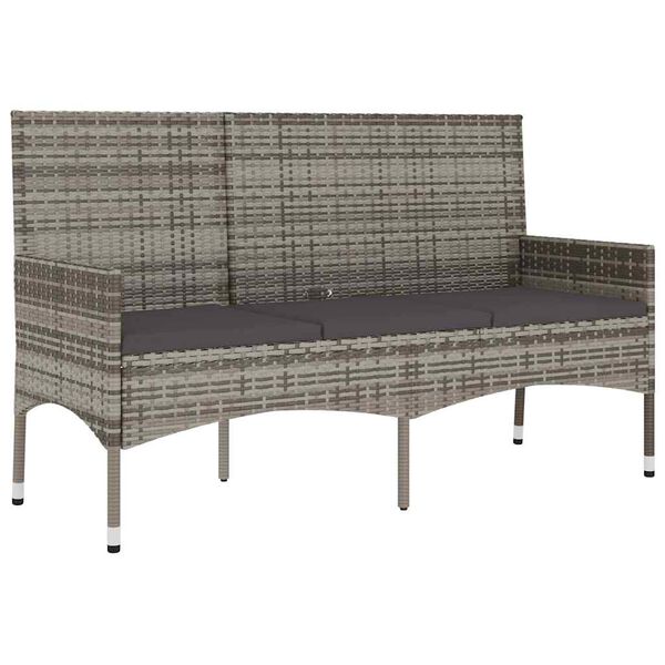 vidaXL 3-Seater Garden Bench with Cushions Grey Poly Rattan