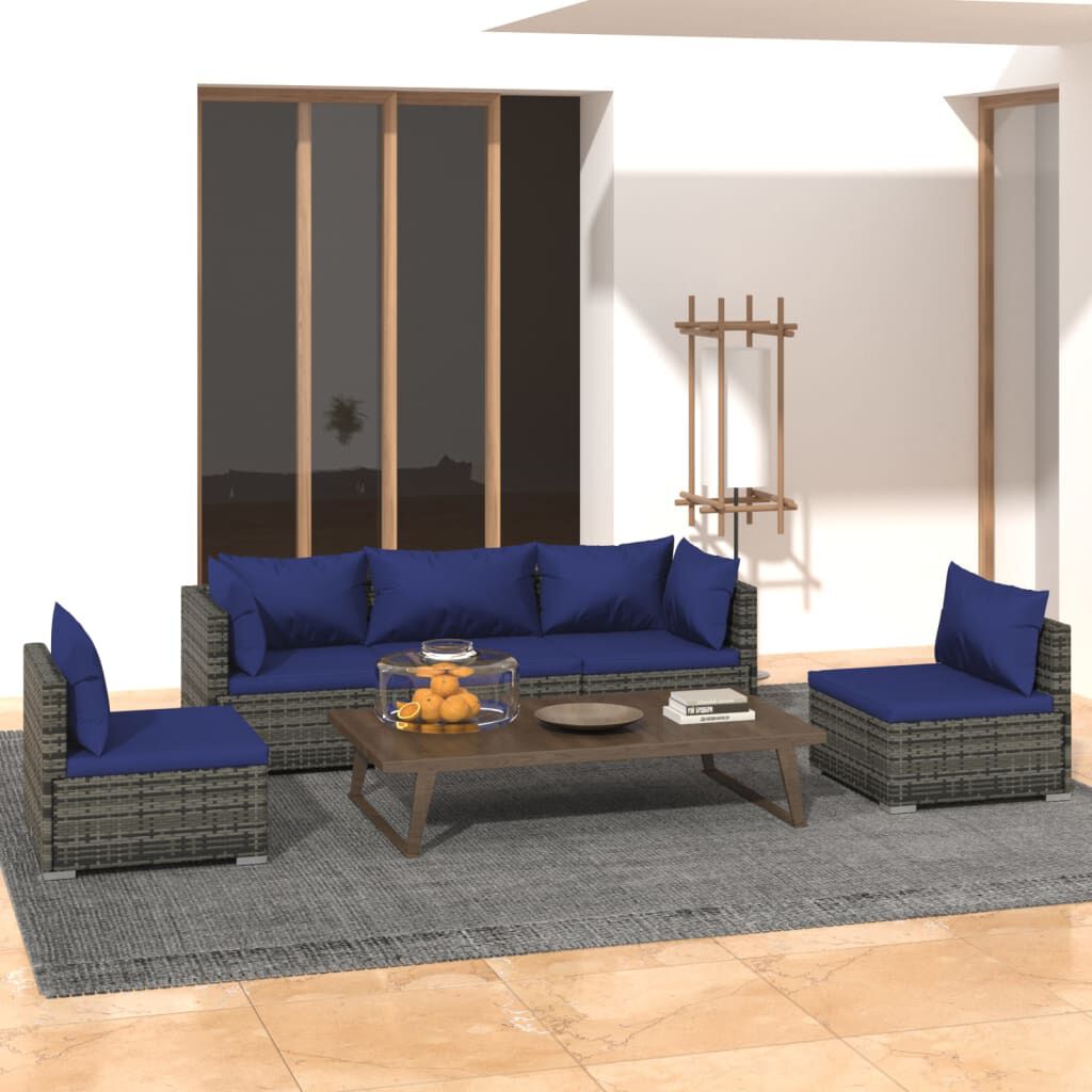 vidaXL 5 Piece Garden Lounge Set with Cushions Poly Rattan Grey