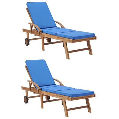 vidaXL Sun Loungers with Cushions 2 pcs Solid Teak Wood Blue, blue vidaXL Sun Loungers with Cushions 2 pcs Solid Teak Wood Blue