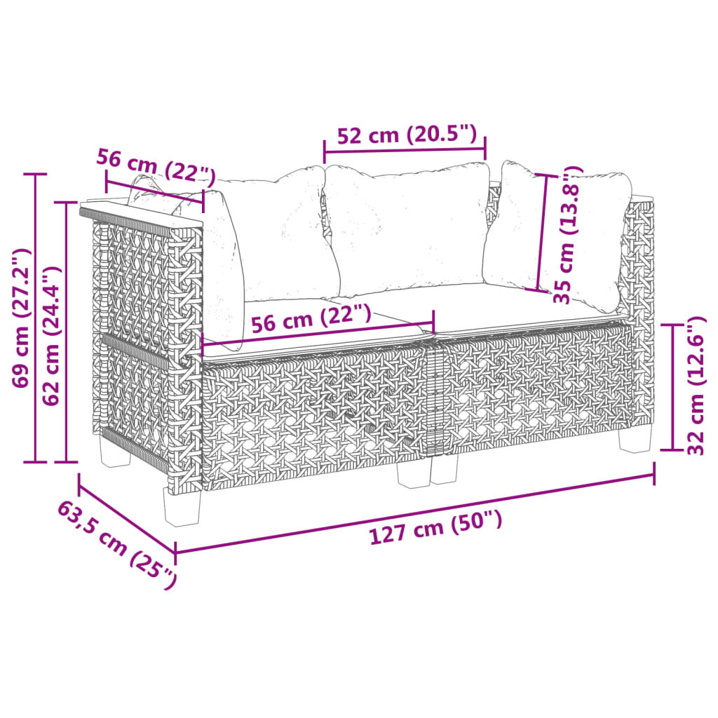 vidaXL Garden Sofas Corner with Cushions 2 pcs Grey Poly Rattan