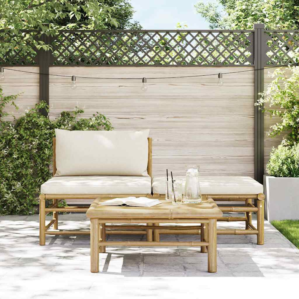 vidaXL 3 Piece Garden Lounge Set with Cream White Cushions Bamboo