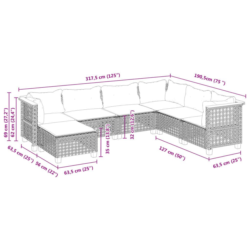 vidaXL 7 Piece Garden Sofa Set with Cushions Grey Poly Rattan