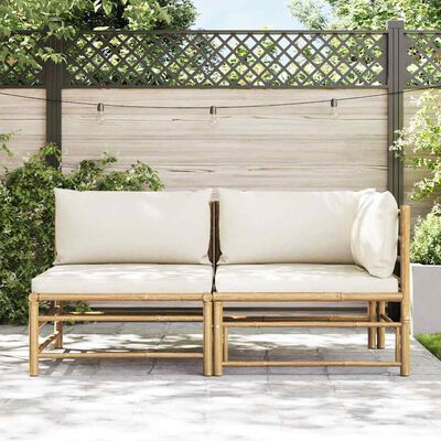 vidaXL 2 Piece Garden Lounge Set with Cream White Cushions Bamboo, white vidaXL 2 Piece Garden Lounge Set with Cream White Cushions Bamboo