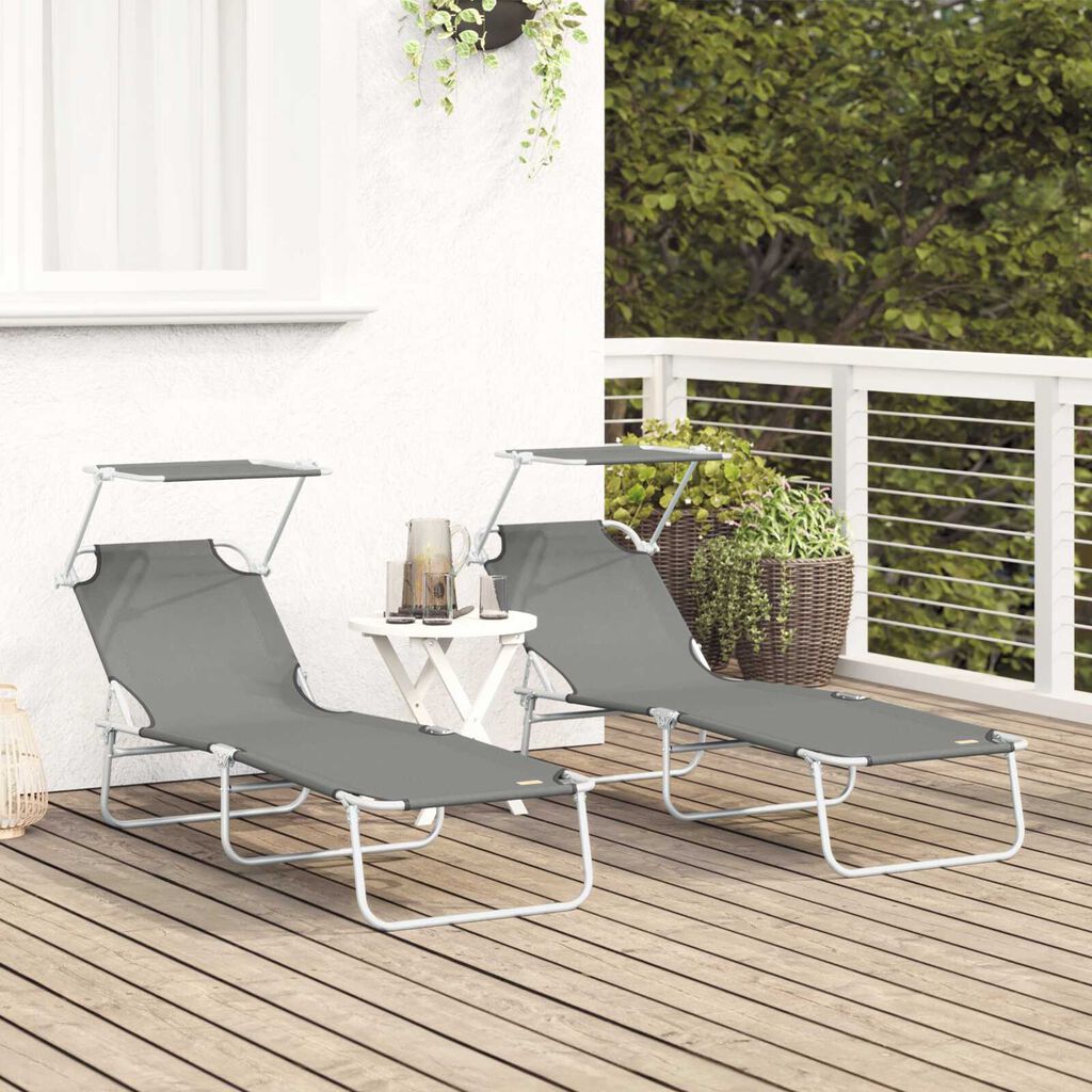 vidaXL Folding Sun Lounger with Canopy Steel Grey