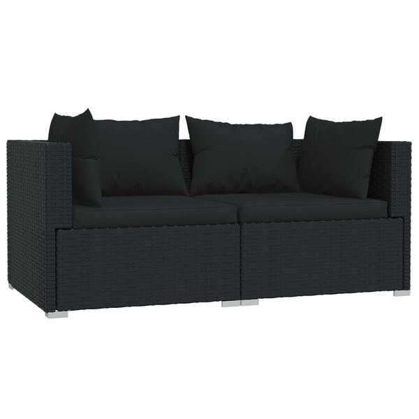vidaXL 2-Seater Sofa with Cushions Black Poly Rattan