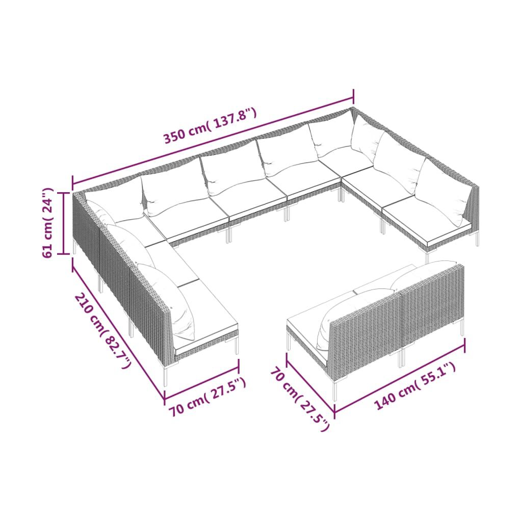 vidaXL 11 Piece Garden Lounge Set with Cushions Poly Rattan Dark Grey