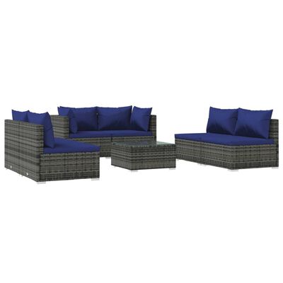 vidaXL 7 Piece Garden Lounge Set with Cushions Poly Rattan Grey, grey and dark blue vidaXL 7 Piece Garden Lounge Set with Cushions Poly Rattan Grey