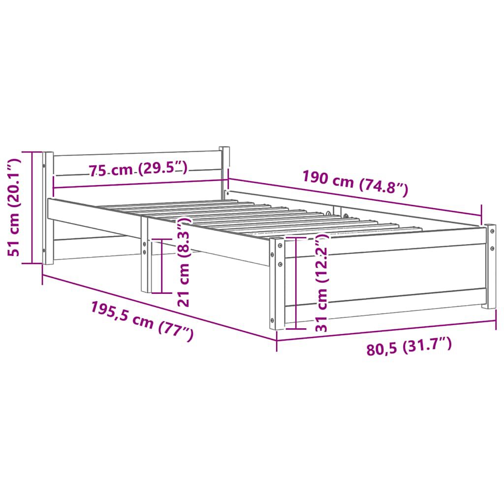 vidaXL Bed Frame without Mattress Solid Wood 75x190 cm Small Single Small Single