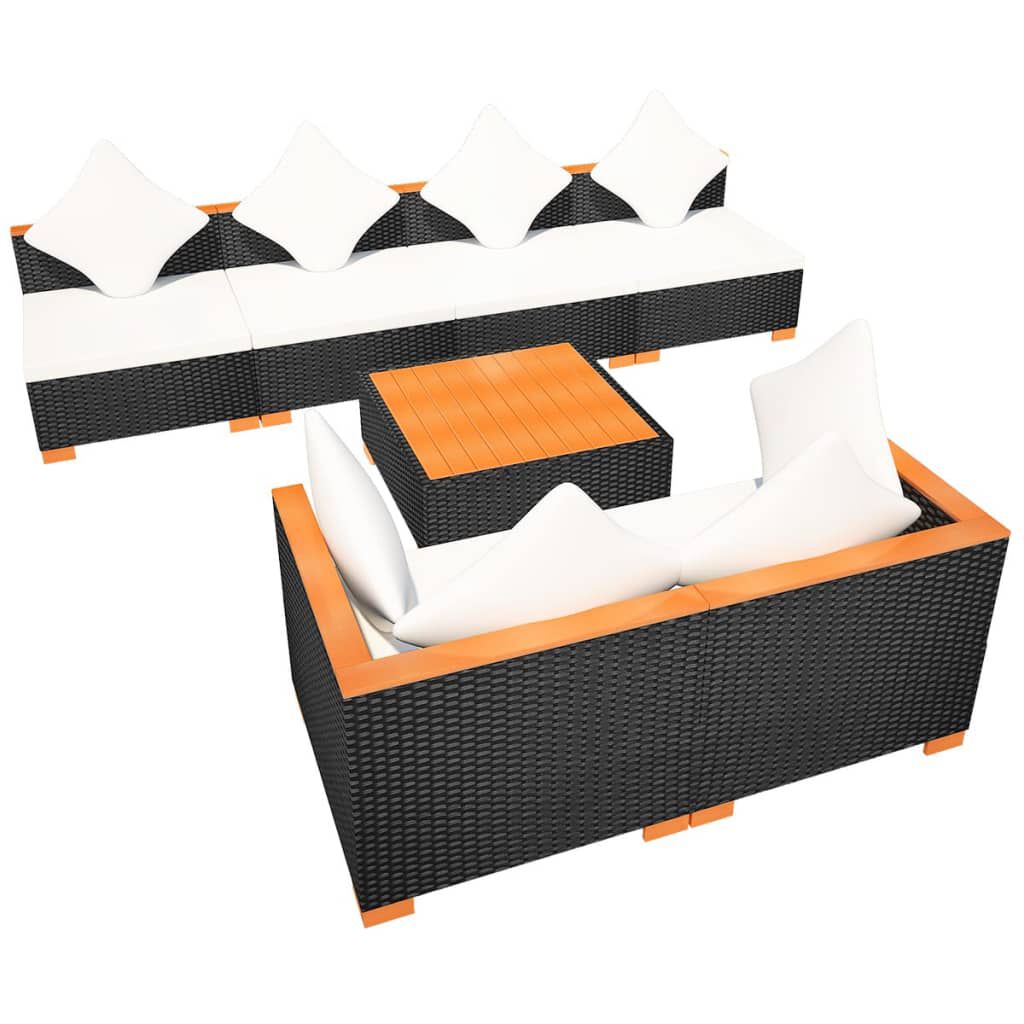 vidaXL 7 Piece Garden Lounge Set with Cushions Poly Rattan Black