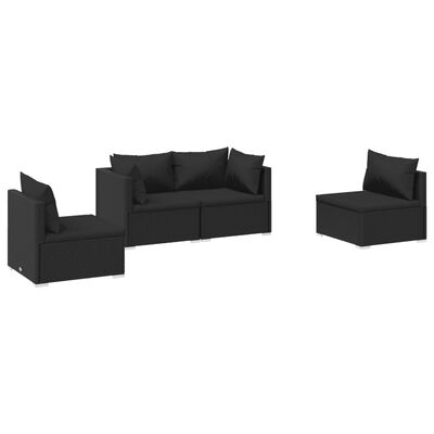 vidaXL 4 Piece Garden Lounge Set with Cushions Poly Rattan Black, black vidaXL 4 Piece Garden Lounge Set with Cushions Poly Rattan Black