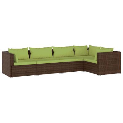 vidaXL 5 Piece Garden Lounge Set with Cushions Poly Rattan Brown, brown and green vidaXL 5 Piece Garden Lounge Set with Cushions Poly Rattan Brown