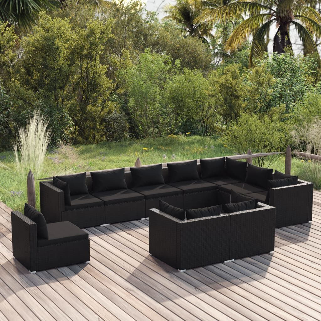 vidaXL 10 Piece Garden Lounge Set with Cushions Poly Rattan Black